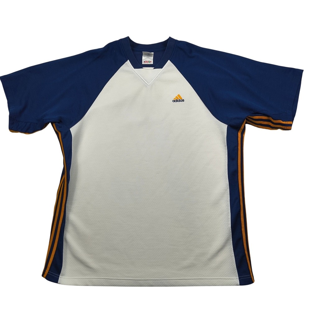Adidas Mens XL Mesh Athletic Jersey Shirt White Navy Blue Orange 3-Stripes VTG - Picture 2 of 15